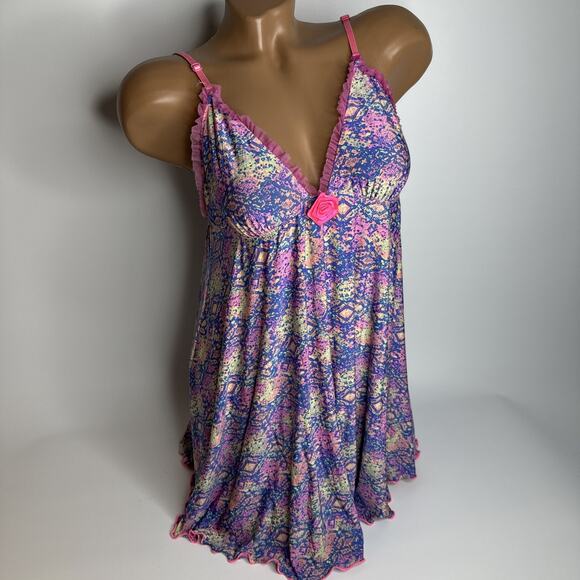 Y2K Fairycore Pink Rose Slip Dress Stretch Mesh Ruffle Coquette S XS Romantic - Picture 1 of 11